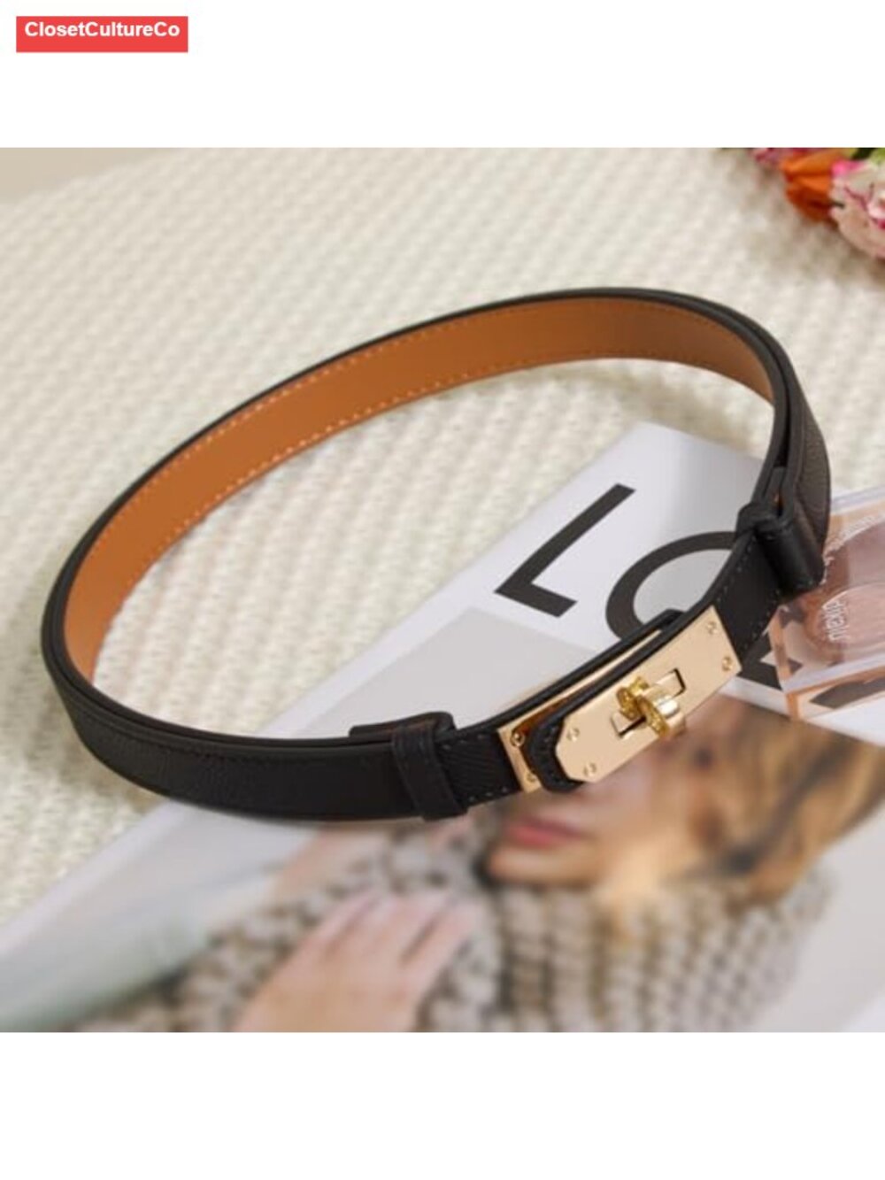 Women's Skinny Leather Belt Adjustable Dress Belt Gold Buckle - Picture 3 of 6